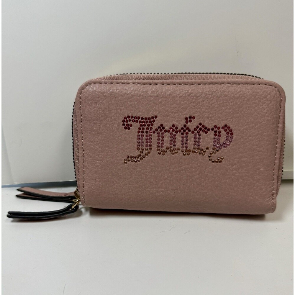 Juicy Couture Medium Double Zip Around Rhinestone Logo Wallet In Dusty Pink New
